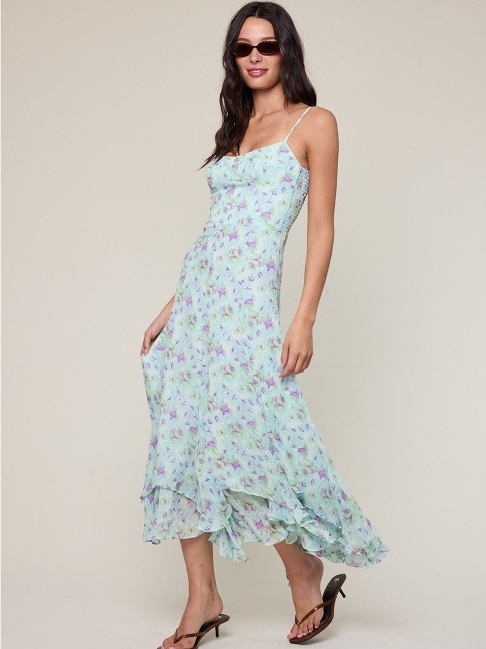 NWT Mahina Floral Slip Midi Dress in Light Mint & purple M